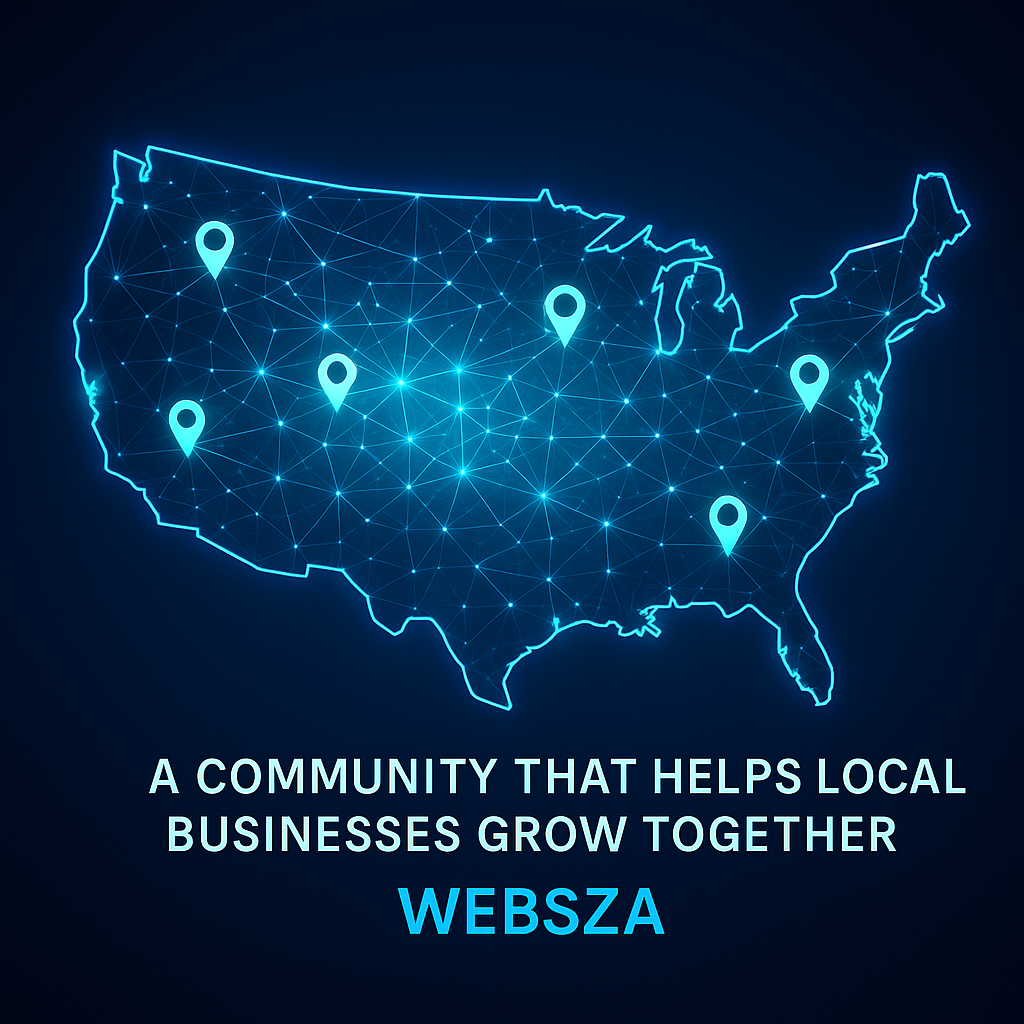 United States map showing connected local business icons representing the Websza community helping local businesses grow online