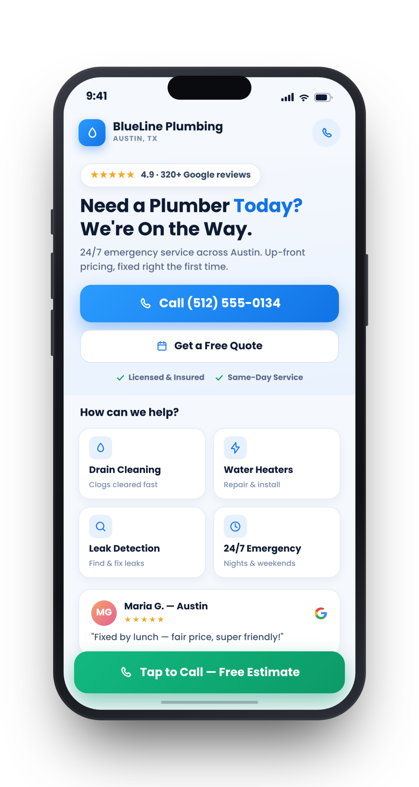 Mobile-first contractor website on a phone — click-to-call design by Websza that turns local visitors into calls
