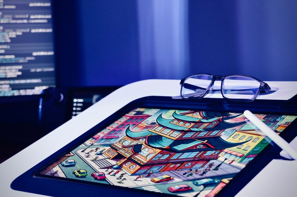 Digital artwork created on a tablet with stylus and glasses nearby representing the image creation process